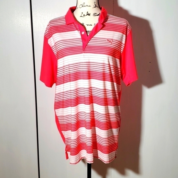 Puma- Mens Bright Pink & White striped Short-sleeved Polo Sz.Medium - Picture 1 of 6